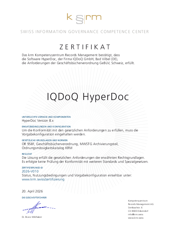KRM Zertifikat für HyperDoc 8 KRM Zertifikat für HyperDoc 8